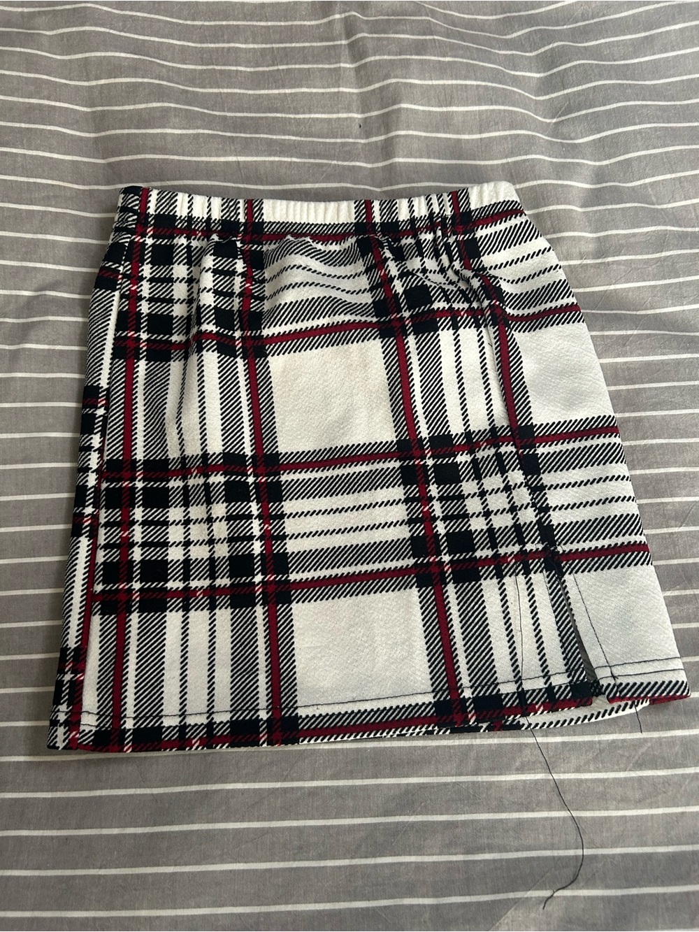 SHEIN White Plaid Mini Skirt with Black & Red Stripes
